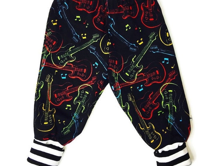 Baby boys pants, black with guitars all over in a lot of colours , pants, boys outfit, soft pants, size NB - 24 m