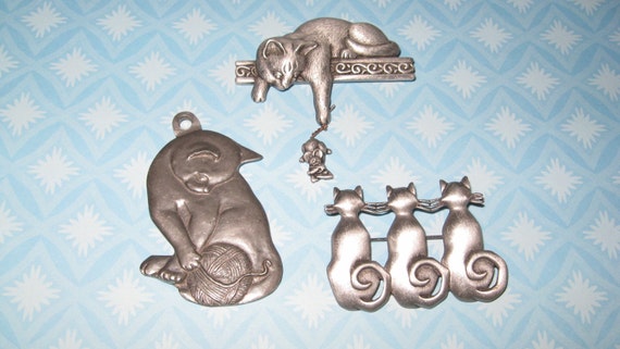 RESERVED FOR ANGELA Cat Brooch Pins Pendant Charming Kitties Metal Pewter 3 Vintage Feline Jewelry Cats