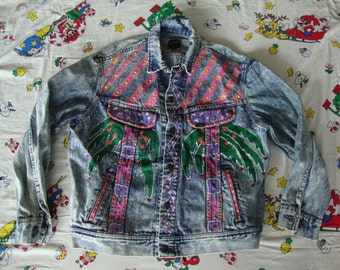 vintage 80s lee jeans denim hand painted punky brewster style acid washed halloween costume jean jacket - Punky Brewster Halloween vintage 80s lee jeans denim hand painted punky brewster style acid washed halloween costume jean jacket - Punky Brewster Halloween