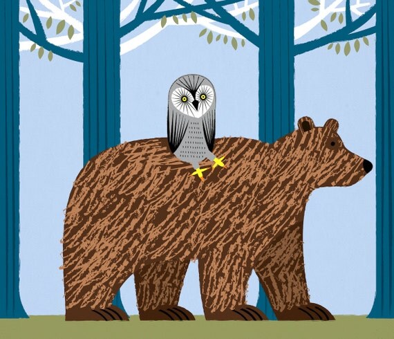 The Owl and The Bear - Animal Art - Children's Limited EditionArt Poster Print by Oliver Lake - iOTA iLLUSTRATION