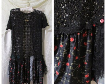 Black Crochet Sweater, long black velvet roses sweater, altered sweater, boho sweater, gypsy clothing, bohemian clothes, SMALL