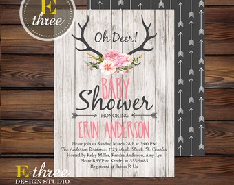 Rustic Antlers Baby Girl Shower Invitation - Arrows, Deer Antlers, Wood, Flowers Shower Invitations - Shabby Chic Woodland Baby Shower #1005