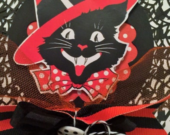 Halloween Card, Vintage Style Halloween, Greeting Card, Handmade Halloween Card, Black Cat, Shabby Card