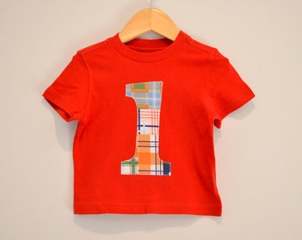 Ready to Ship Boys 1st Birthday Shirt, Red Plaid, Applique Number 1, Red Tshirt Short Sleeve, Size 18m, Blue Orange Red Green
