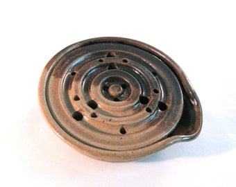 Draining Soap Dish - Soap Dish Drain Tray - One Piece Soap Saver - Handmade Pottery - Pottersong - Earthtones - Walnut Brown - Oatmeal Tan