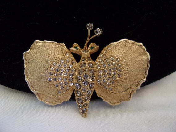 DENICOLA Jewelry Brooch Pin Glass Rhinestone Butterfly Insect Bug Gold Plate De Nicola