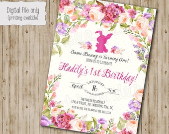 Bunny Birthday Invitation // Easter Birthday Invite // Girl Birthday Invite // Kids Birthday // Typography // Watercolor Floral