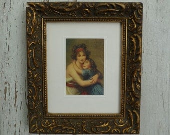 Framed Print of Painting. Mother & Daughter by Elisabeth Vigee Le Brun. Vintage 1950s 1960s. Small French Picture in Frame. Print on Silk.