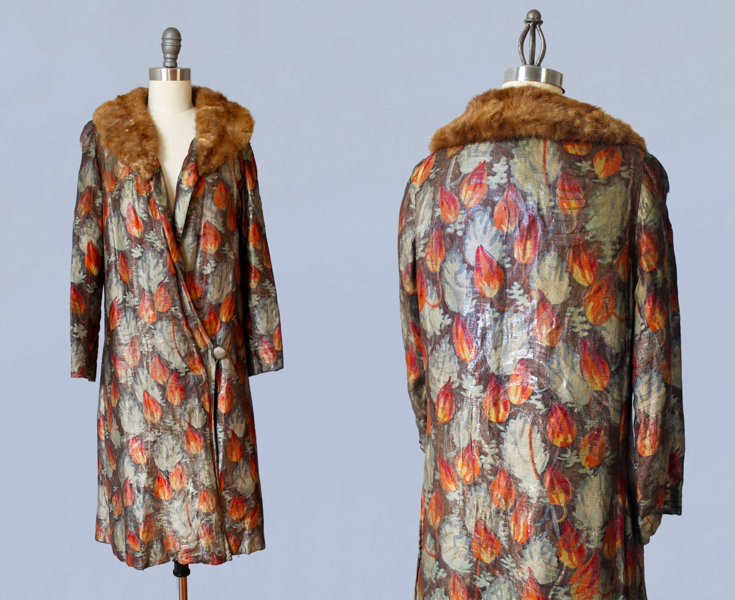 1920s Flapper Coat / 20s Metallic Lamé Cocoon Coat/ Fur