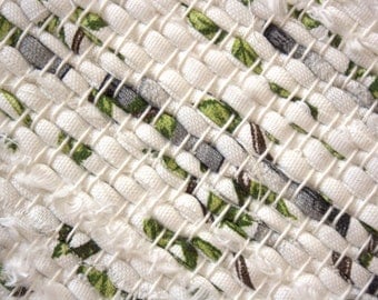 Handwoven , unused Cotton Fabric ribbons rag rug - 3.02' x 3.57' , white,black, green, birch - tree, ready for sale