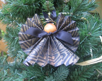 Angel Christmas Ornament, Paper Ribbon Angel, Black and Gold Tree Ornament, Ribbon Paper Angel, Glitzy Angel, Black Christmas Decor