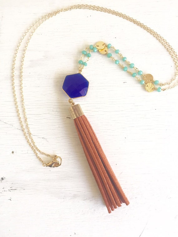 Long Gold Tassel Necklace in Blue Orange and Cream. Tassel