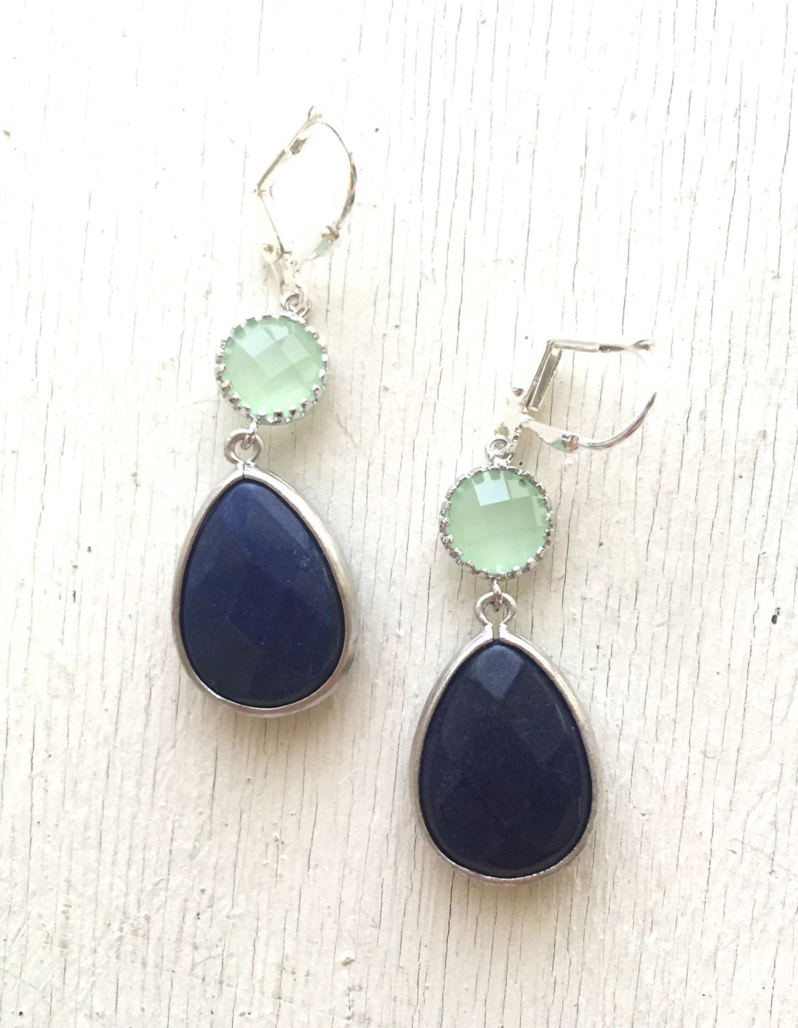 Navy Blue and Mint Jewel Gem Earrings in Silver. Dangle