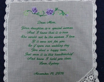 Mother of the Bride Handkerchief from Groom with Rose Design, Wedding Date and Poem in purpleWhite with Chrochet Border