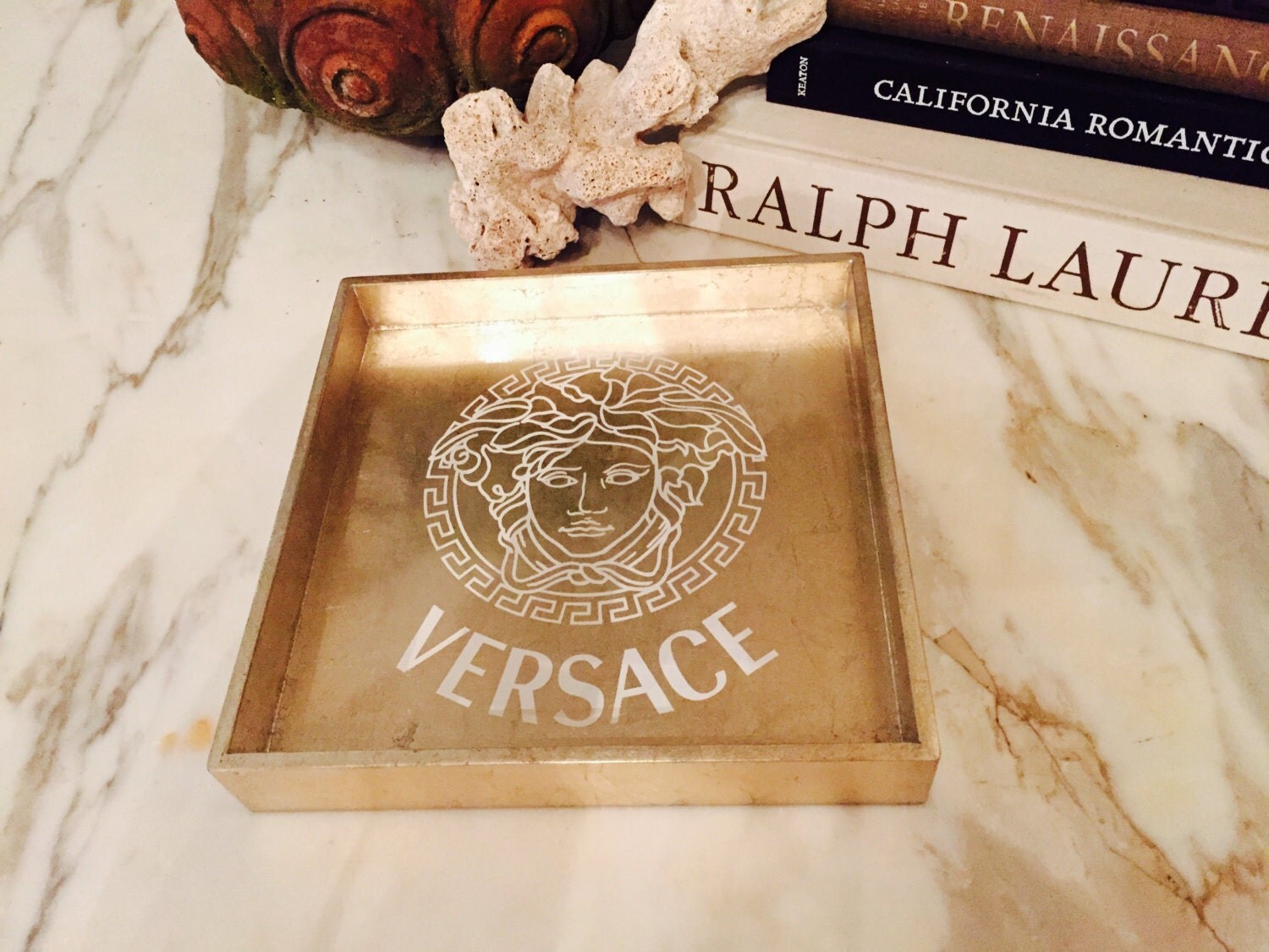 VERSACE TRAY White Gold Leaf Lacquer Serving Tray by jessi4333