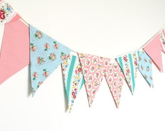 Shabby Chic Fabric Banners, Bunting, Garland, Wedding Bunting, Pennants, Flags, Mint, Peach, Pink, Blue - 3 yards (3rd version)
