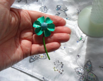 Authentic Vintage Signed ORIGINAL BY ROBERT Beautiful Greens And Blues Enamel Flower With Stem Brooch