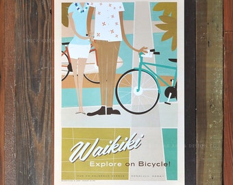 Waikiki - Fun on Kalakaua Ave. - 12x18 Retro Hawaii Travel Print