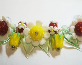 Handmade Lampwork Flowers/ Rosebud/Leaf Glass Beads - Yellow/Red/White