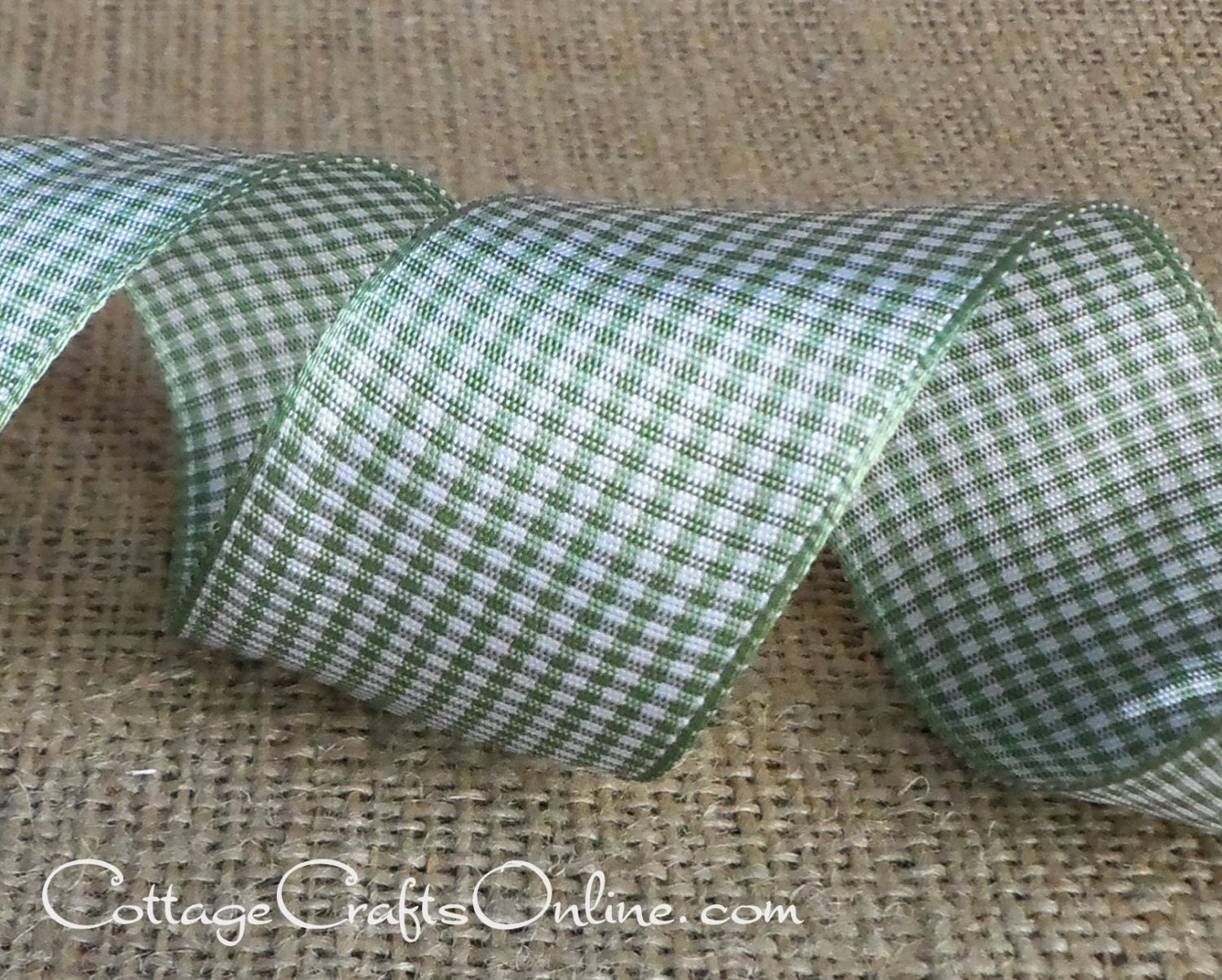 Wired Ribbon 1 1/2 Sage Green Cream Gingham Check TWO