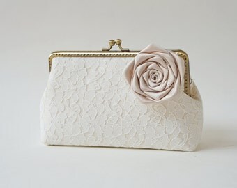 Ivory Lace Clutch with detachable Neutral Flower Brooch / Rustic Vintage Inspired Wedding / rustic shabby chic wedding