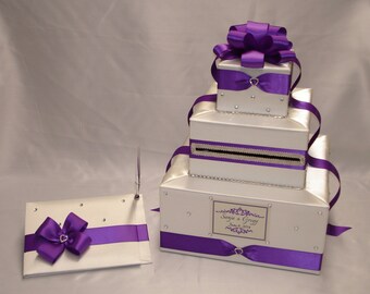 Ivory and Royal Purple Wedding Card Box and matching Guest Book with Pen-any colors