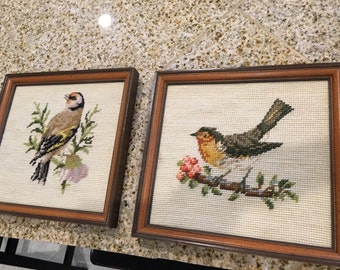 Pair of Needlepoint vintage bird stichery framed spring rustic look