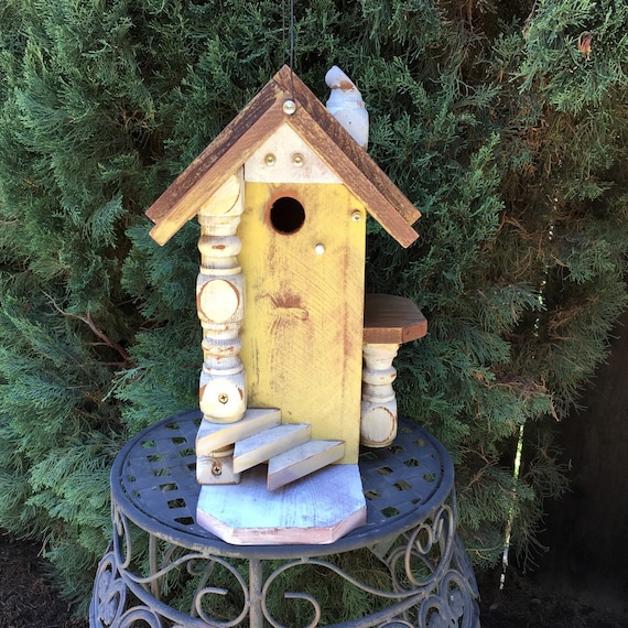 Yellow Rustic Birdhouse Decorative Functional Unique Bird