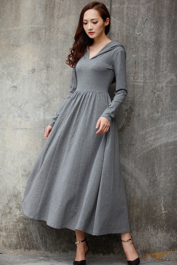 Gray Maxi Hooded Dress / Cotton Hoodie Dress / by Sophiaclothing