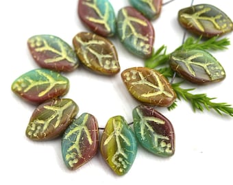 12x7mm Leaf beads, Mixed Fall color, Green, Brown, Yellow Inlays, Czech glass pressed leaves - 25Pc - 2145