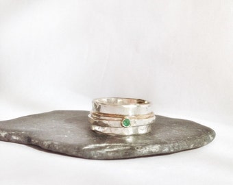 Spinner Ring - Emerald Ring - Wide Silver Ring - Artisan Jewelry