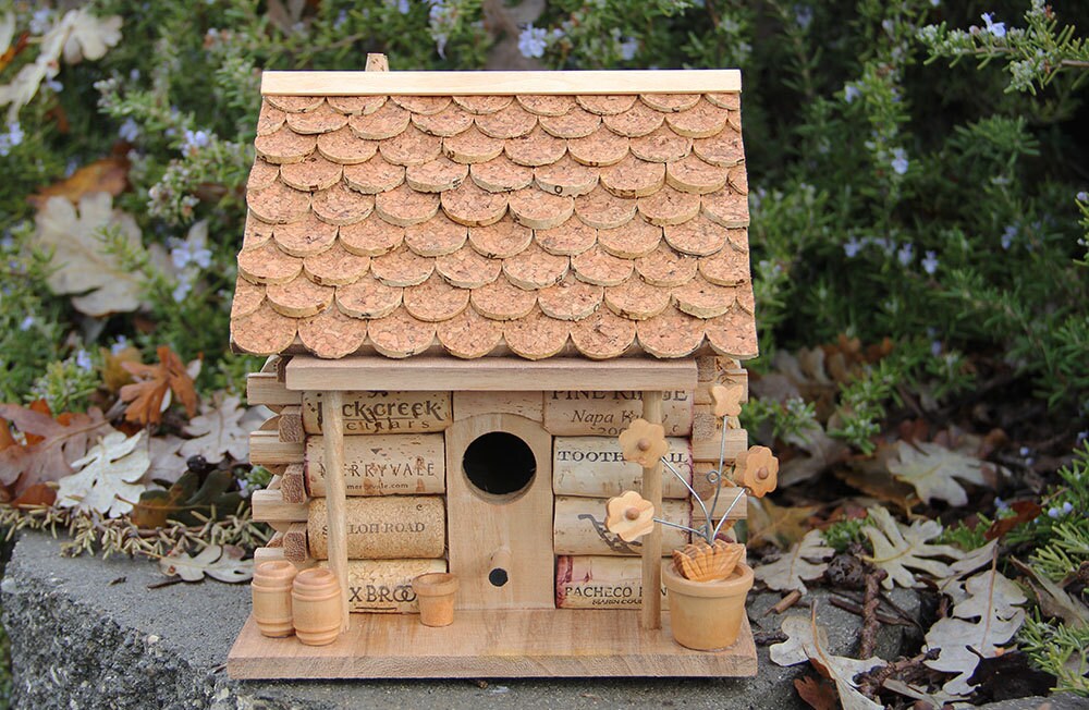 Log Cabin birdhouse wine cork art