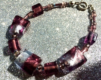 Dark Amethyst Purple and Lilac Foiled Chamfer Glass Bracelet approx 7 inches Ladies Jewellery Gifts for her