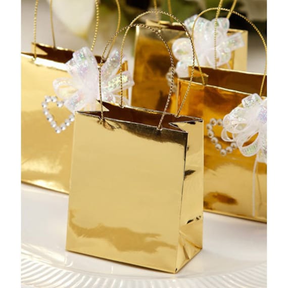 12 Tiny Gold Foil Favor and Gift Bags with Silver Handles 2