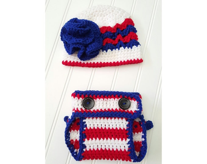 Crochet Pattern- 4th of July newborn photo prop, where's waldo, cat in the hat ruffled diaper cover and crochet hat, american flag pattern
