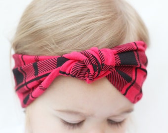 Baby Red Buffalo Print Turban, Baby Black and Red Check Headband, Black Baby Bow, Red Baby Turban, Knotted Toddler Turban, Back to School