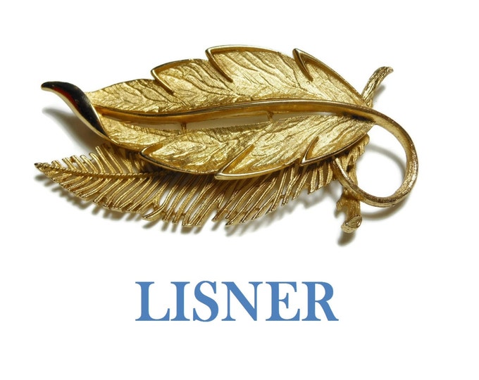 FREE SHIPPING Lisner leaf brooch pin, large gold tone leaf and ferns, statement piece, beautifully textured