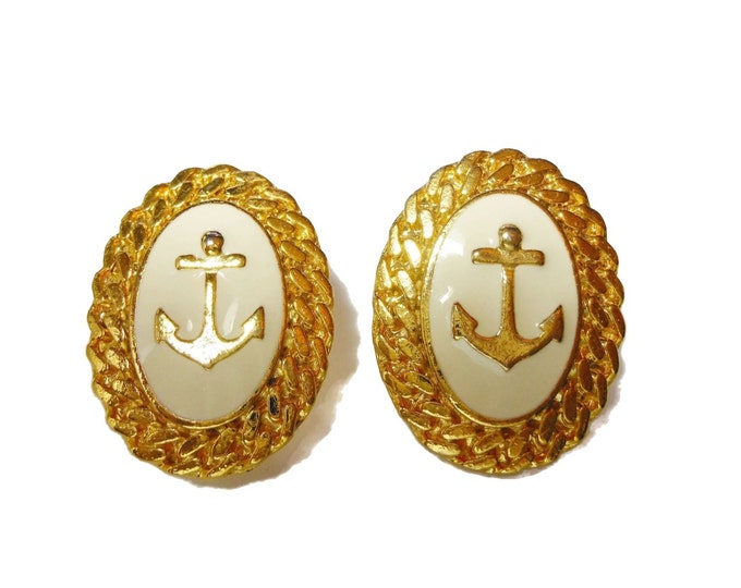 FREE SHIPPING Anchor earrings, gold tone and winter white, oval cabochon with anchor, creamy beige border, gold rope rims, nautical clips