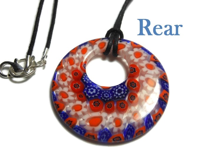 Millefiori glass pendant, 40mm round blue orange and white flowers, orange and white daisies, round go-go black cord, silver plated findings