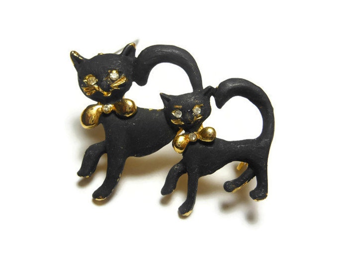 FREE SHIPPING Black cats brooch pin, black enamel pair, mother and child, rhinestone eyes, gold tone base, gold collar, small, animal lover