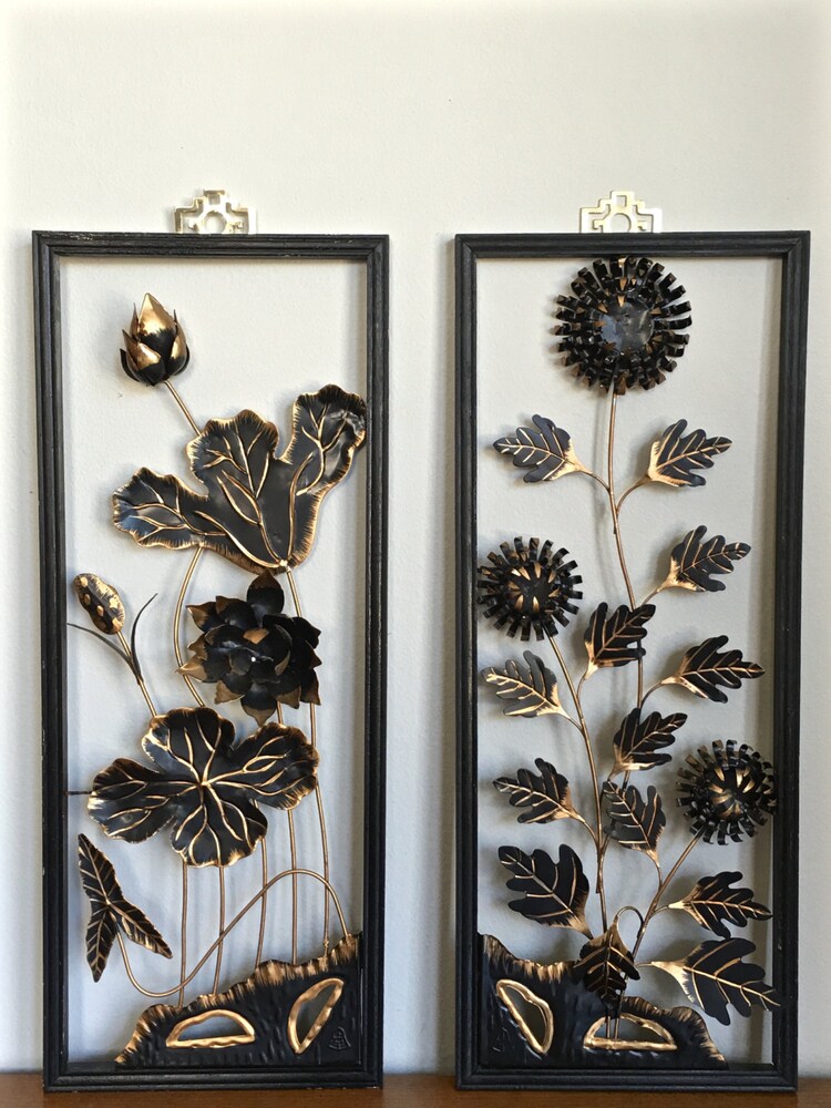 Mid Century Asian Metal Wall Art Panels Gold Black by