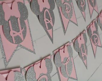 Minnie Mouse Pink and Silver Birthday Banner, Happy 1st Birthday, Minnie Mouse Party Decorations, Minnie Party Decor