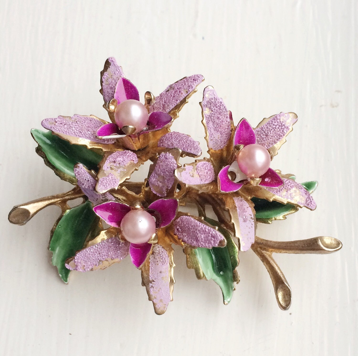 Lovely Vintage Enamel Flower Brooch Sugared Petals. Pink