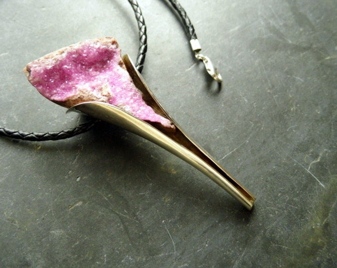 Pendant, sterling silver, calcite, pink, nature, tube, large, jewelry, leather strap