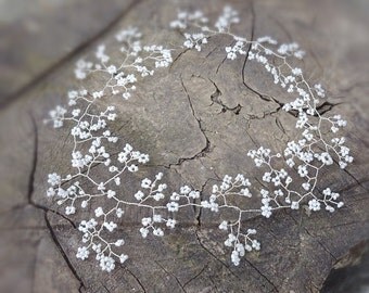 Wedding Hair vine, Tiara, headband, crown, bridal, Boho , Pagan, Celtic, prom, in babys breath 10" / 15" (25cm or 38cm) pearly white.