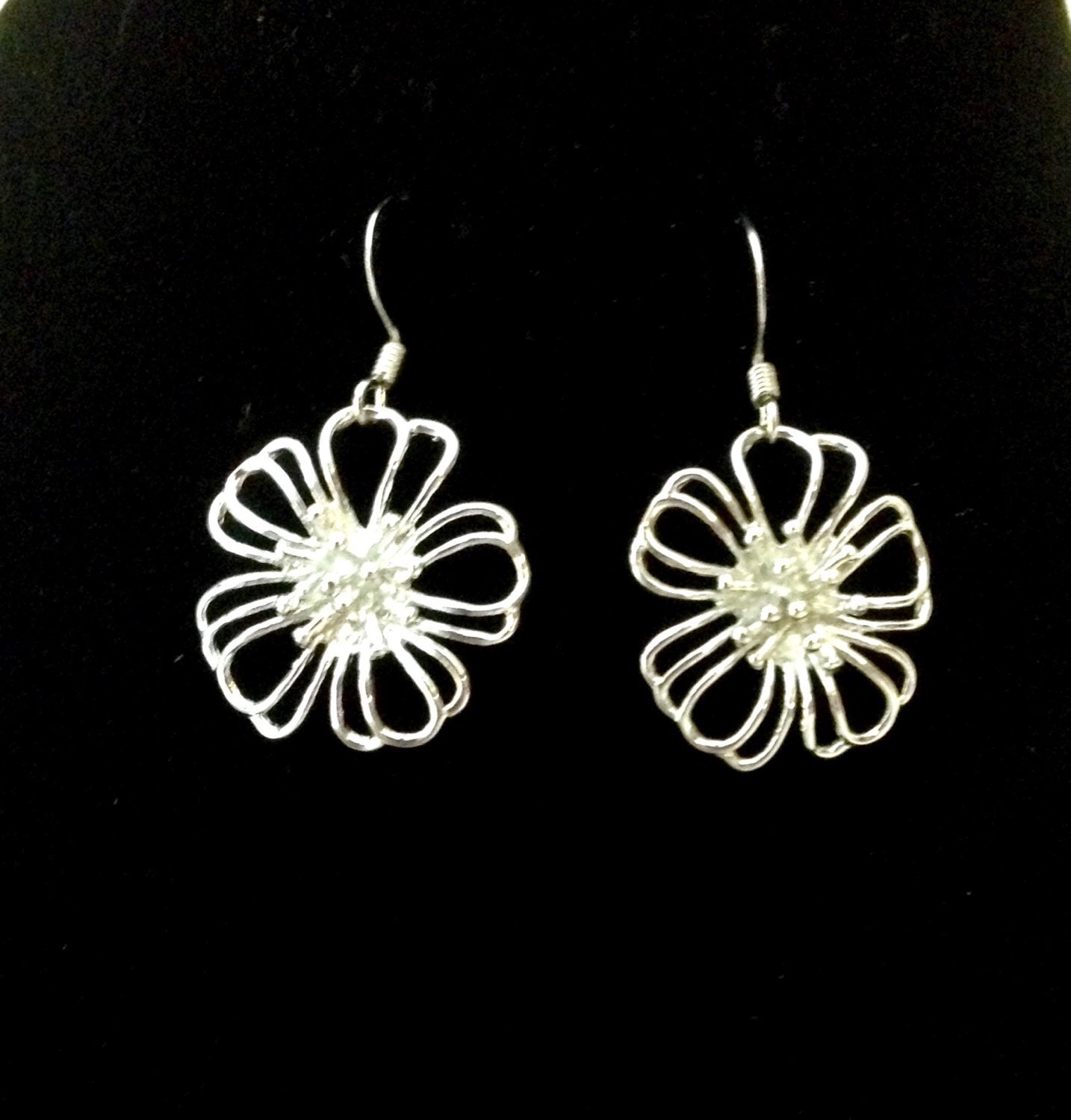 Silver flower earrings bright wire floral by MAsMadHouse on Etsy