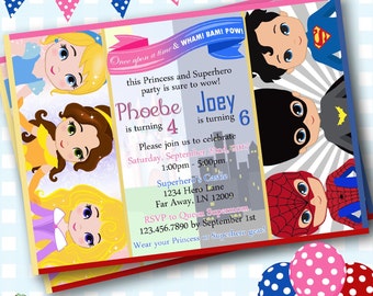 Princess and Superhero Invitations, Superhero Birthday Invitations, Superhero Invites, Princess Party Invitations. Birthday Invites - SP2