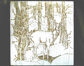 Deer in Forest-Art Pyrography- Handcrafted-Wood Burnt Wall Plaque Signed