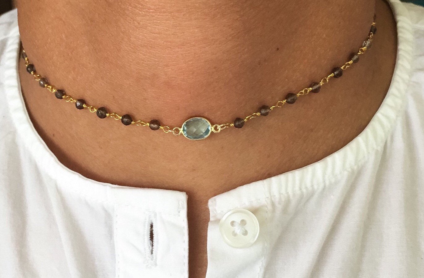 Topaz & Smoky Quartz Choker Necklace Custom Sizes Available