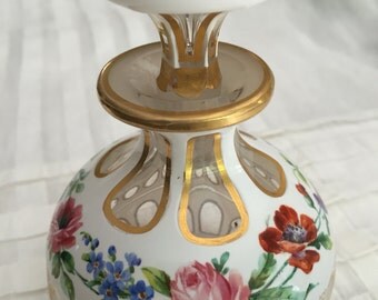 Antique Perfume Bottle/Bohemian Cased Glass/Vanity Display/Collectible/Fancy Glass/Hand Painted Flowers/Art Glass/Christmas Gift/Cabinet